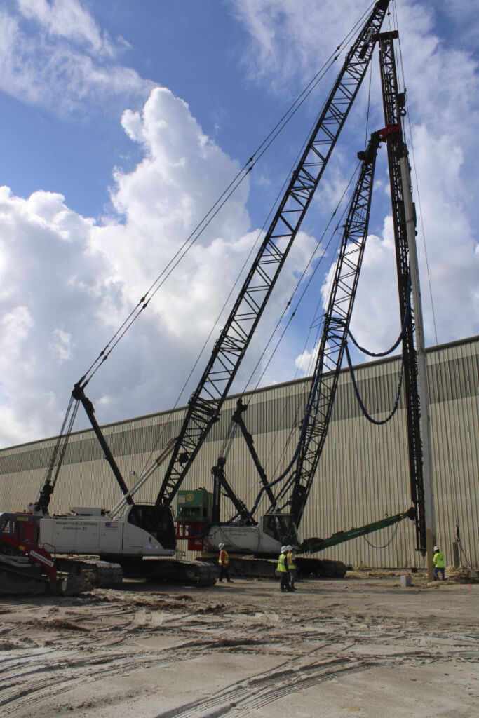 Installing piles on construction site